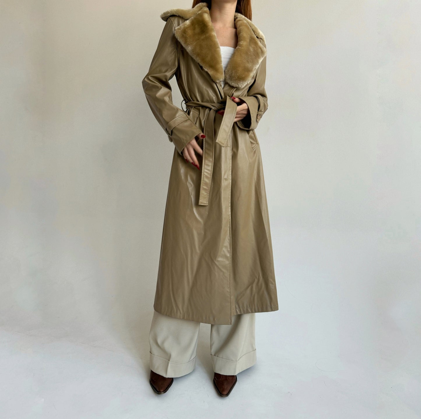 Vintage beige faux leather trench coat