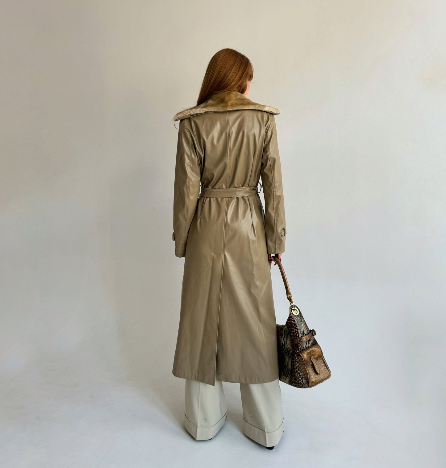 Vintage beige faux leather trench coat