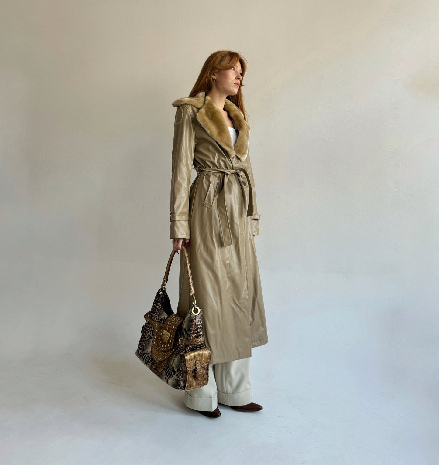 Vintage beige faux leather trench coat