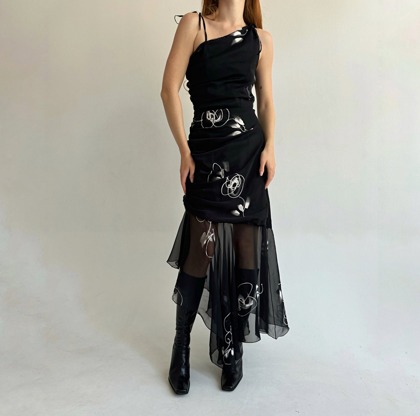 Vintage black asymmetrical maxi dress with a print, gathering and mesh bottom