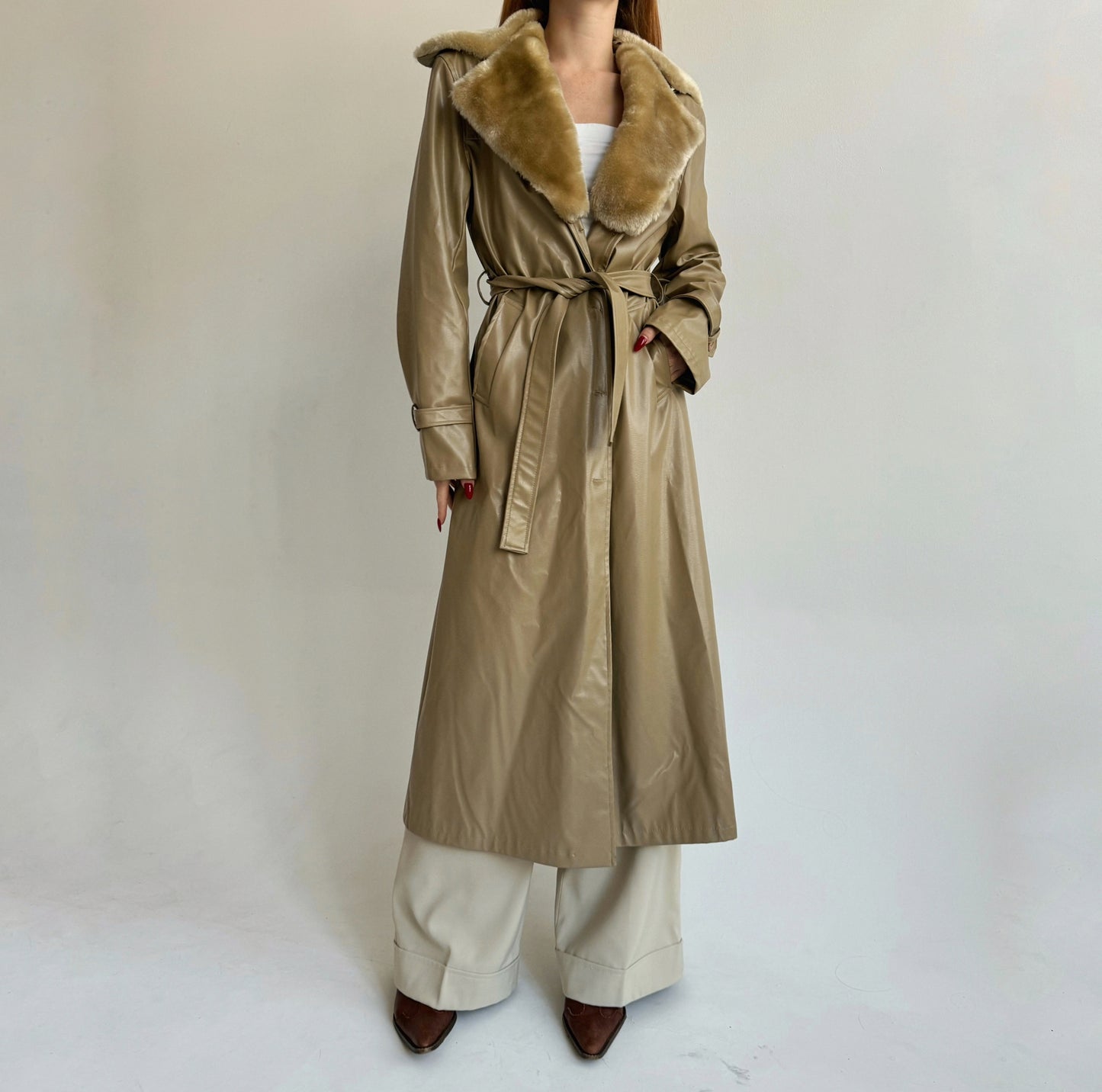 Vintage beige faux leather trench coat