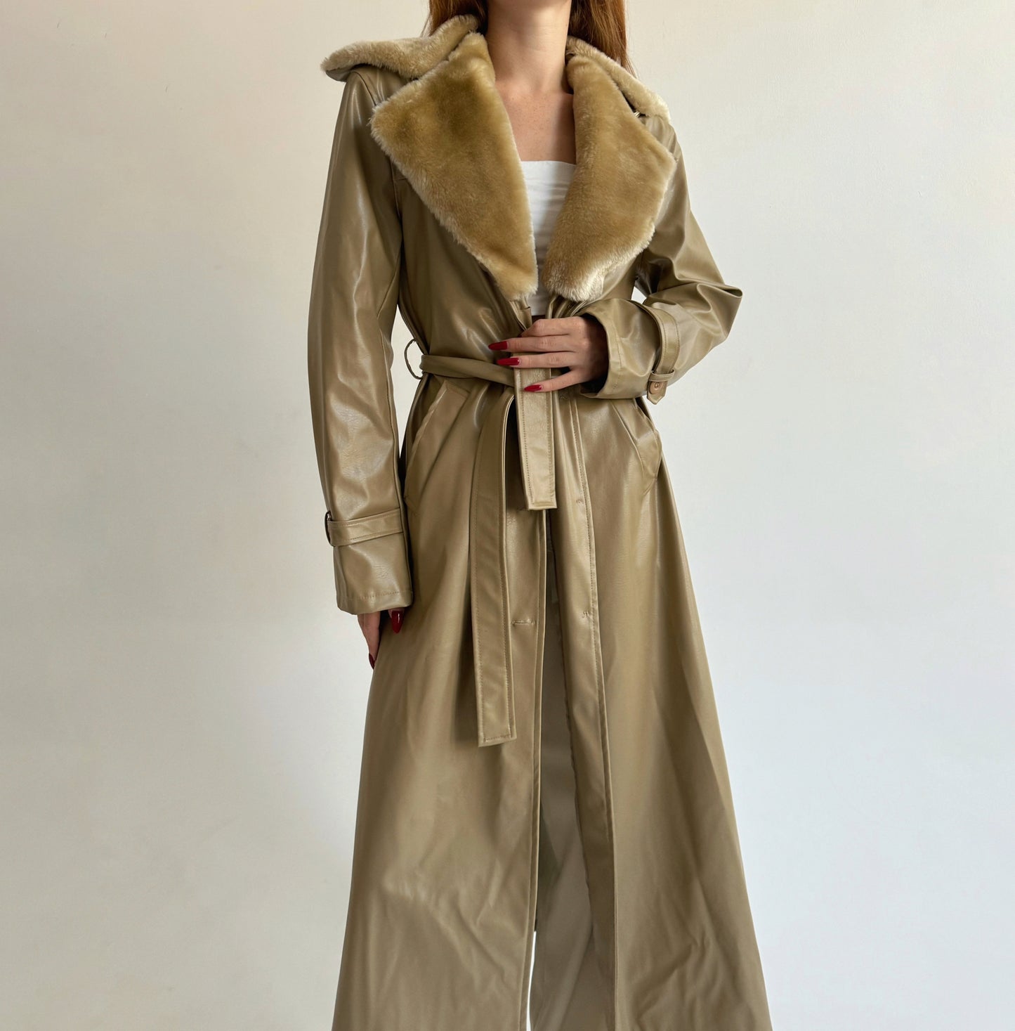 Vintage beige faux leather trench coat