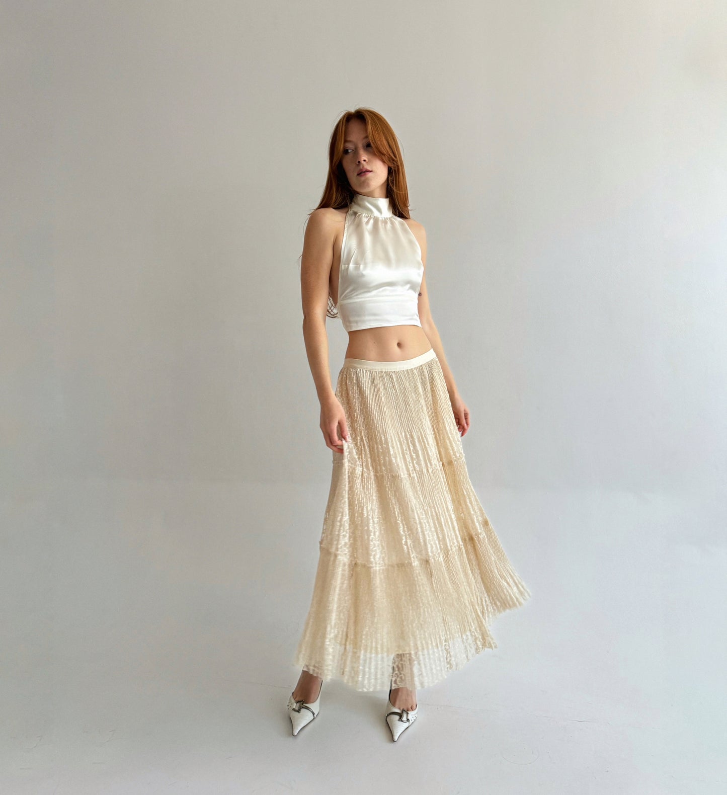 Vintage lace ruched maxi skirt