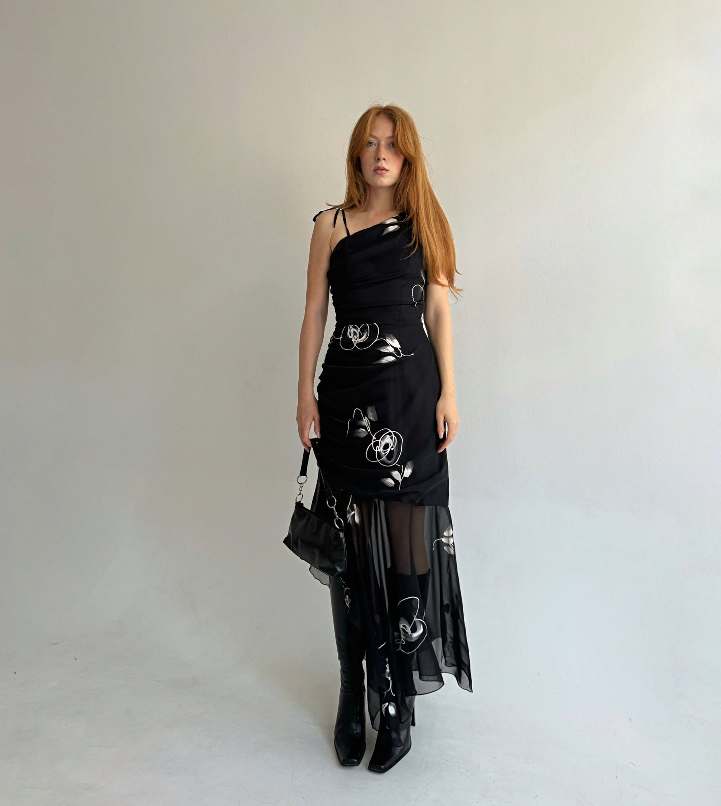 Vintage black asymmetrical maxi dress with a print, gathering and mesh bottom