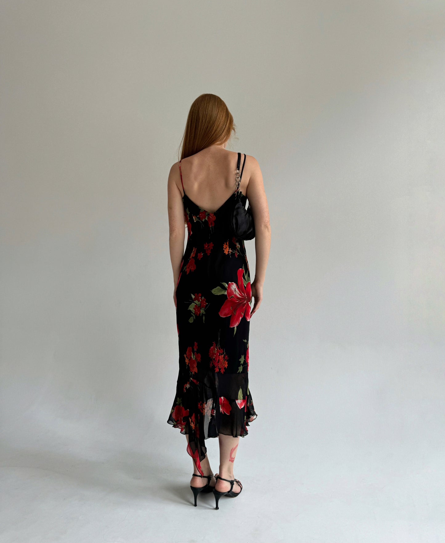 Vintage viscose dress with red flowers