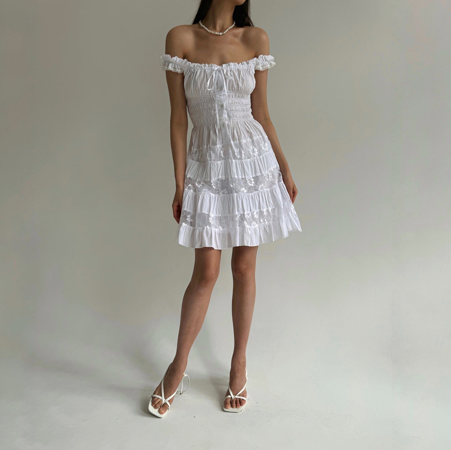 Y2K cotton white milkmaid dress with floral lace