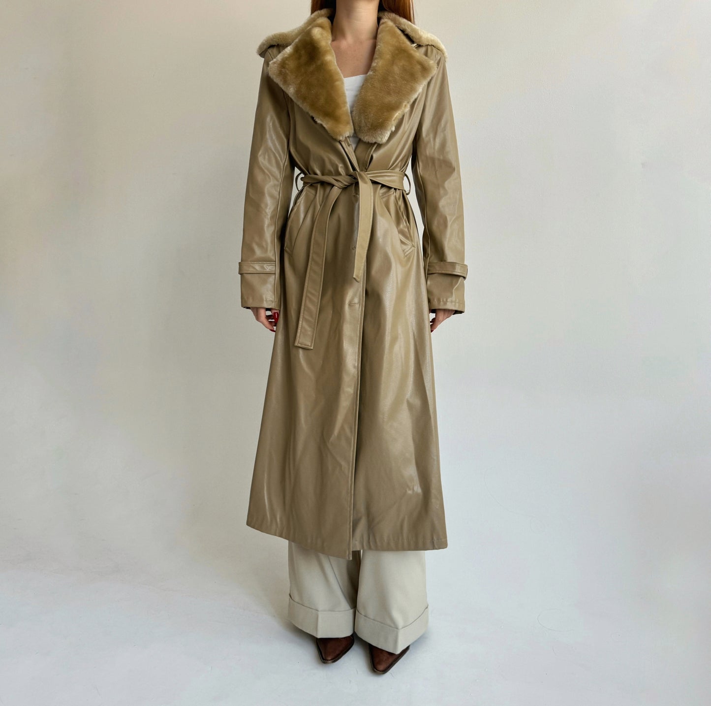 Vintage beige faux leather trench coat