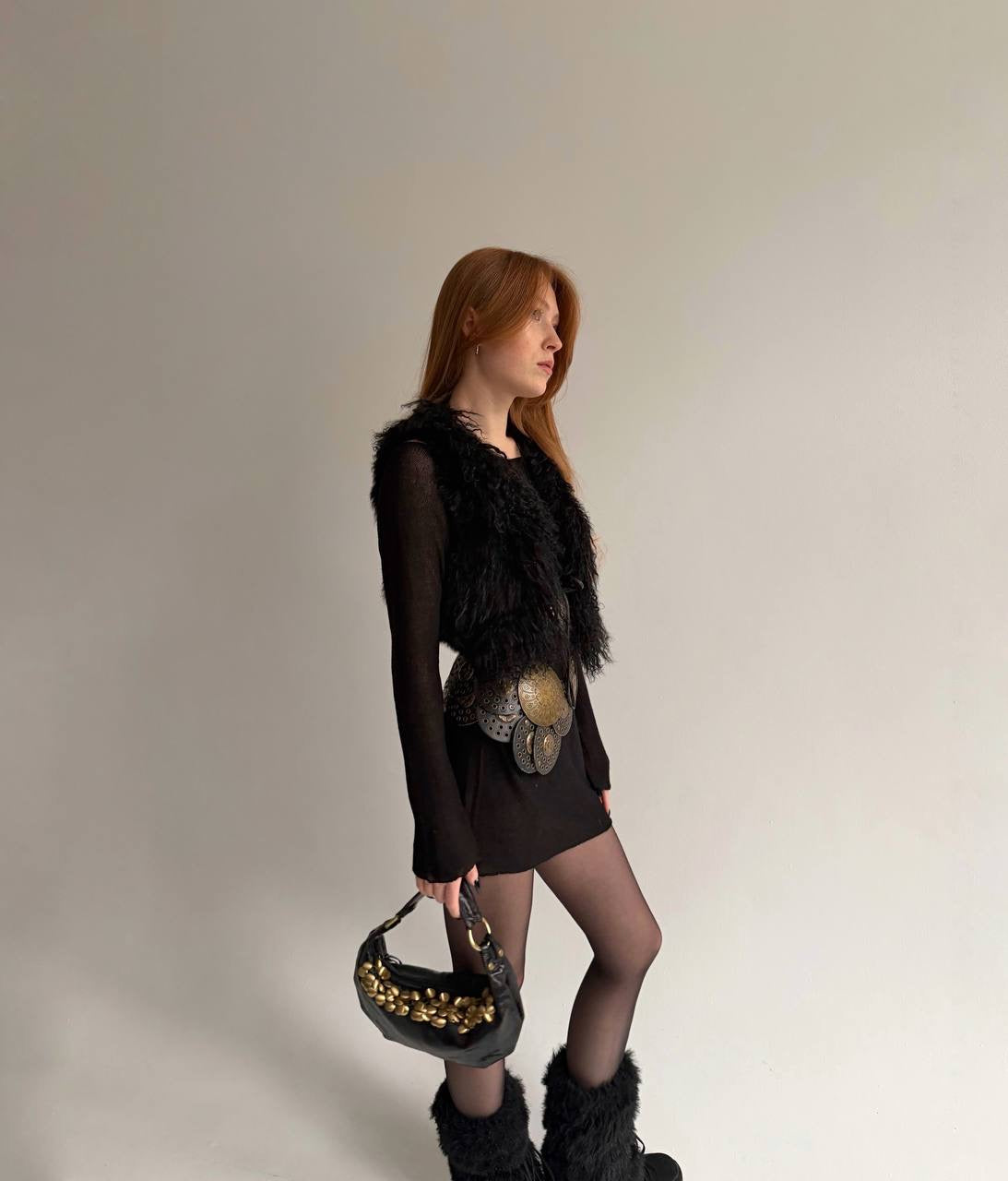 Black fur cropped vest