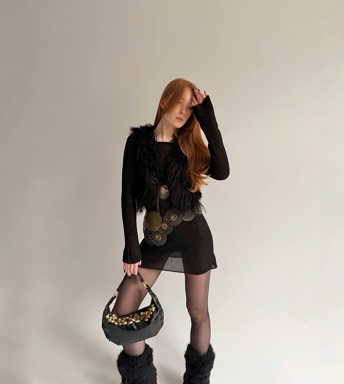 Black fur cropped vest